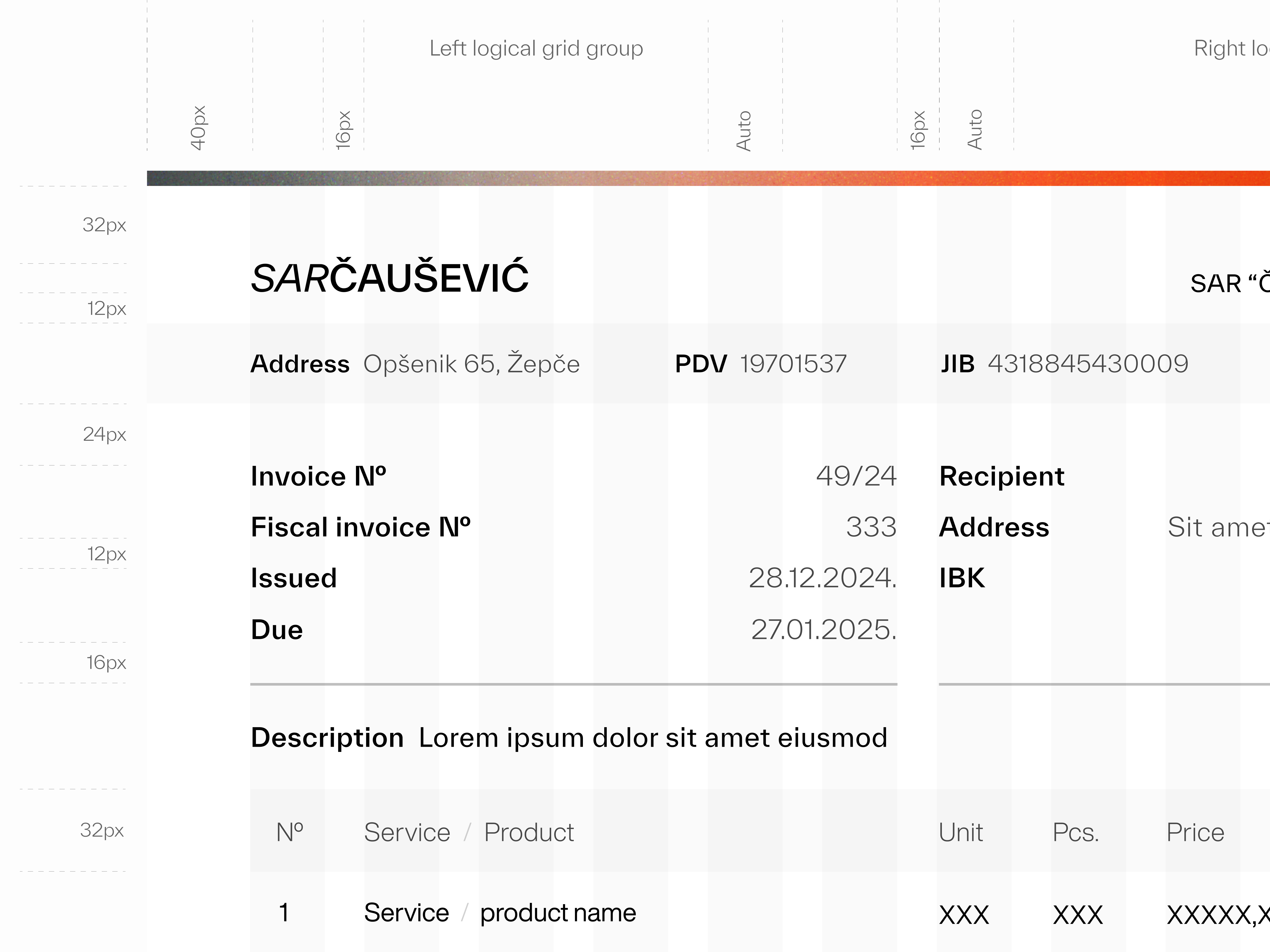 Letterhead with invoice branding crm erp gradient grid industrial invoice layout letterhead minimal modern receipt typography visual identity