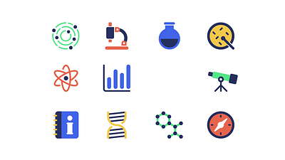 Science 2d Icons Set Animation 2d animation atom chemistry compass dna flask flat graphic icons idea illustration medicine microscope molecule motion science telescope