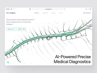 medilens: AI Medical Diagnostics Imaging - Hero Exploration UIUX 3d ai diagnostics anatomy biotech landing page biotech ui biotech website clean clinical website diagnostic diagnostics website digital health medical imaging medical landing page medical website minimal modern responsive smart health spine teal