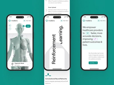 medilens: AI Medical Diagnostics | Mobile Reinforcement Learning 3d ai diagnostics ai medical imaging anatomy biotech biotech landing page biotech website clean clinical website diagnostic diagnostics website digital health medical imaging medical website minimal modern responsive smart health teal therapeutics