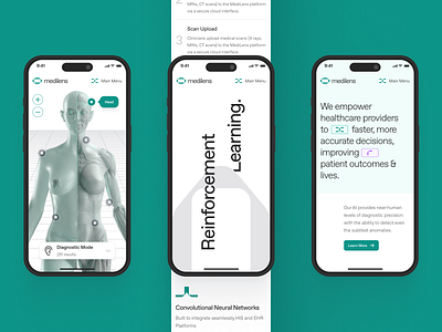 medilens: AI Medical Diagnostics | Mobile Reinforcement Learning 3d ai diagnostics ai medical imaging anatomy biotech biotech landing page biotech website clean clinical website diagnostic diagnostics website digital health medical imaging medical website minimal modern responsive smart health teal therapeutics