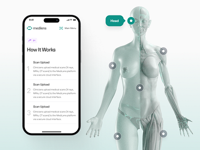 medilens: AI Medical Diagnostics | Reinforcement Learning UI 3d ai diagnostics ai medical imaging anatomy biotech biotech landing page biotech website clean diagnostics website digital health medical imaging medical website minimal mobile app modern responsive smart diagnostics smart health teal therapeutics