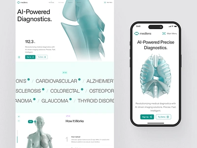 medilens: AI Medical Diagnostics & Imaging - Patient Care UIUX 3d anatomy ai diagnostics ai medical imaging biotech biotech landing page biotech website clean clinical website diagnostic app diagnostics website digital health medical app medical imaging medical website minimal modern responsive smart health teal therapeutics