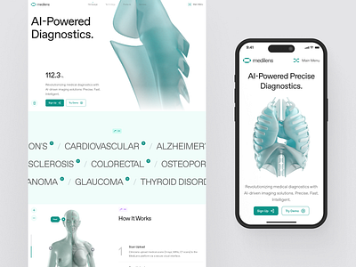 medilens: AI Medical Diagnostics & Imaging - Patient Care UIUX 3d anatomy ai diagnostics ai medical imaging biotech biotech landing page biotech website clean clinical website diagnostic app diagnostics website digital health medical app medical imaging medical website minimal modern responsive smart health teal therapeutics