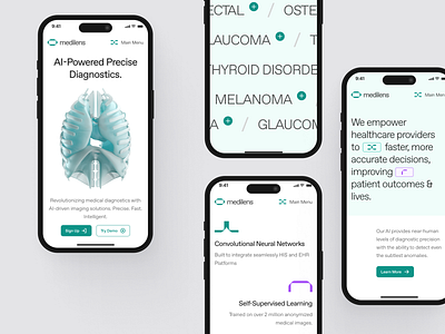 medilens: AI Medical Diagnostics Imaging | Mobile Overview UIUX 3d anatomy ai diagnostics ai medical imaging biotech biotech landing page biotech website clean clinical website diagnostic diagnostics website digital health medical app medical imaging medical website minimal mobile app modern responsive smart health teal