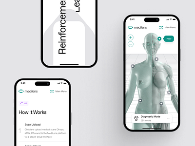 medilens: AI Medical Diagnostics Imaging | Mobile Overview UIUX 3d ai diagnostics ai medical imaging biotech biotech landing page biotech website clean clinical website diagnostic digital health human anatomy medical app medical imaging medical website minimal modern responsive smart health teal therapeutics