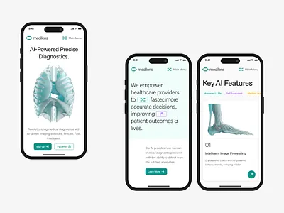 medilens: AI Medical Diagnostics | Mobile Patient Care UIUX ai diagnostics ai medical imaging biotech biotech landing page biotech website clean clinical website diagnostic diagnostics website digital health medical imaging medical website minimal mobile app modern patient care responsive smart health teal therapeutics