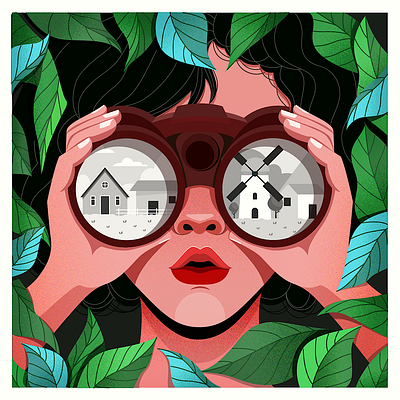 Binocular adventures binocular digital art digital illustration flat vector forest girl illustration illustrator vector