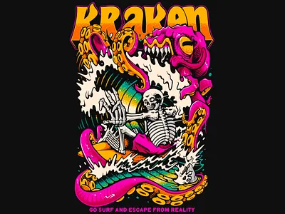 KRAKEN, SKELETON SURF - VECTOR ILLUSTRATION art beach branding design graphic design illustration logo skeleton skull surf surf brand vector wave