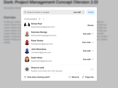 Dock - Project Management / Share Workspace app design invitation invitationmodal members modal project manager sanya share ui ux