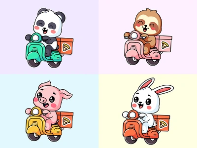 Pizza Delivery adorable animal bunny cartoon character cute illustration mascot panda pig pizza vespa