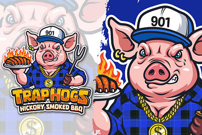 TrapHogs BBQ Mascot Logo animal logo artwork badass bbq branding cartoon cartoon logo custom logo design graphic design illustration logo mascot logo restaurant logo streetwear urban illustration vector vector logo