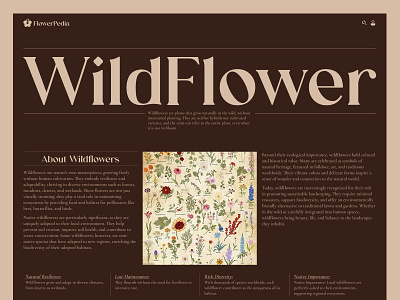 Longread about flowers article big font big type bold font book brown brutalism cursive dark background first block first section flowers hero section longread magazine serif typography ui ux website