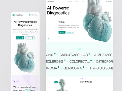 medilens: AI Medical Diagnostics & Imaging - Landing Page UIUX 3d ai diagnostics ai medical imaging anatomy biotech biotech landing page biotech website clean clinical website diagnostic diagnostics website digital health heart medical imaging medical website minimal modern responsive smart health teal