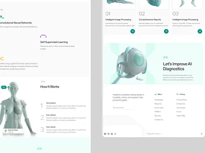 medilens: AI Medical Diagnostics - Reinforcement Learning UIUX 3d ai diagnostics ai medical imaging anatomy biotech biotech landing page biotech web design biotech website biotechnology clean diagnostics website digital health footer medical imaging medical website minimal modern responsive teal therapeutics