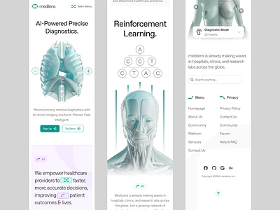 medilens: AI Medical Diagnostics & Imaging - Mobile Layout UIUX 3d anatomy ai diagnostics ai medical imaging biotech biotech landing page biotech website clean clinical website diagnostics app diagnostics website digital health medical imaging medical website minimal mobile app modern responsive smart health teal therapeutics