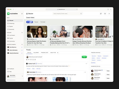 Alexandria - Beauty Community Dashboard beauty beauty care clean community creator dashboard discover hashtag live modern playlist product design saas social streaming thread tips and tricks trending tutorial wellness