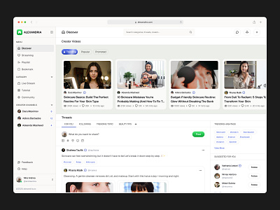 Alexandria - Beauty Community Dashboard beauty beauty care clean community creator dashboard discover hashtag live modern playlist product design saas social streaming thread tips and tricks trending tutorial wellness