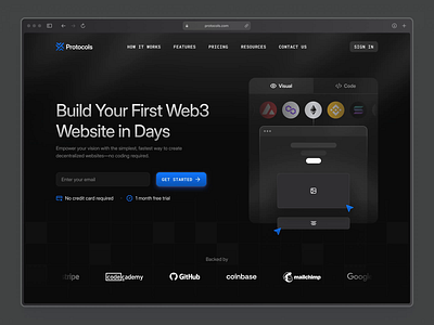 Protocols - Web3 Hero Design animation bitcoin blockchain crypto cryptocurrency dark darkmode design hero motion graphics ui uidesign ux uxdesign uxerflow web web design web3 website website design
