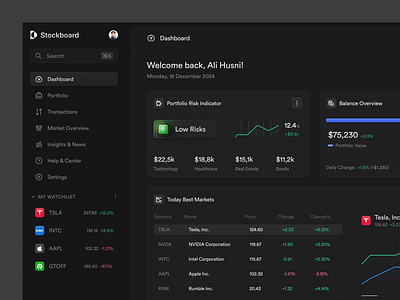 Stock Investment Dashboard - Stockboard 💰 chart clean darkmode dashboard design illustration invest investment market minimalist mutual fund portfolio product design saas dashboard statistics stock stock market trade ui ux