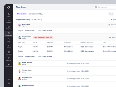 Construction Management Timesheet calender clean ui crm dashboard energy field job management payroll product design saas solar time log time tracking timesheet ui design uiux webapp worker details