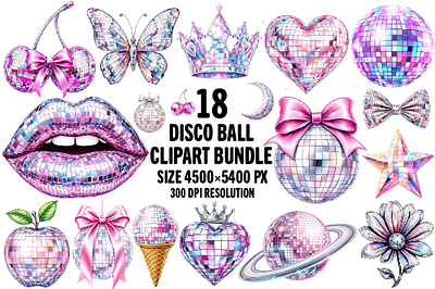 Holographic Disco Ball Clipart Bundle clipart for invites feminine retro art