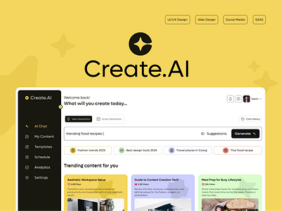 Create.AI- AI Tool for Social Media Content Creation ai ai chatbot content creation dashboard graphic design light mode minimal ui mockup playful responsive design saas social media ui design ux design web app web design