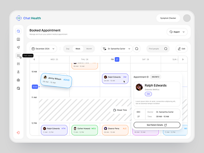 Chat Health: Booked Appointment Dashboard alif appointment bar calendar care chat dashboard design health health care hover mockup modern nav side ui ui ux design ux web web site