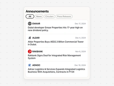 Announcements Widget Design Experiment app application arab dashboard design dubai figma ios shares stocks uae ui ux web website widget