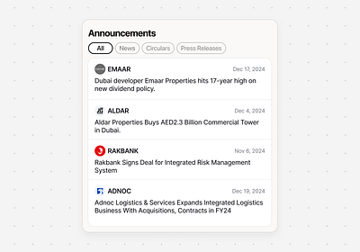 Announcements Widget Design Experiment app application arab dashboard design dubai figma ios shares stocks uae ui ux web website widget