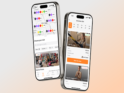 Mobile app for searching for sports activities. app application booking calendar filters fitness gym interface design list cards map mobile app sport activities trainer ui design ux design uxui yoga