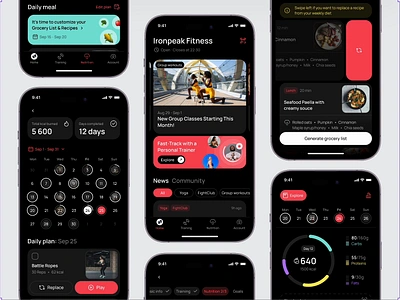 Mobile app | Calorie tracking & Nutrition plans ai app calendar calories tracking daily plans dark mood fitness fitness onboarding food reci food recipes grocery list gym mobile app mobile design nutrition progress bar tracking training ui ux