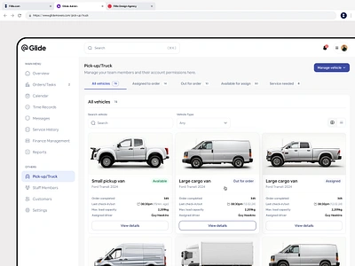 Glide Movers & Truck - Vehicle Management app design dashboard dashboard design filllodesign glide landing page design moving service saas tracking ui design uiux ux design vehicle assigning web design