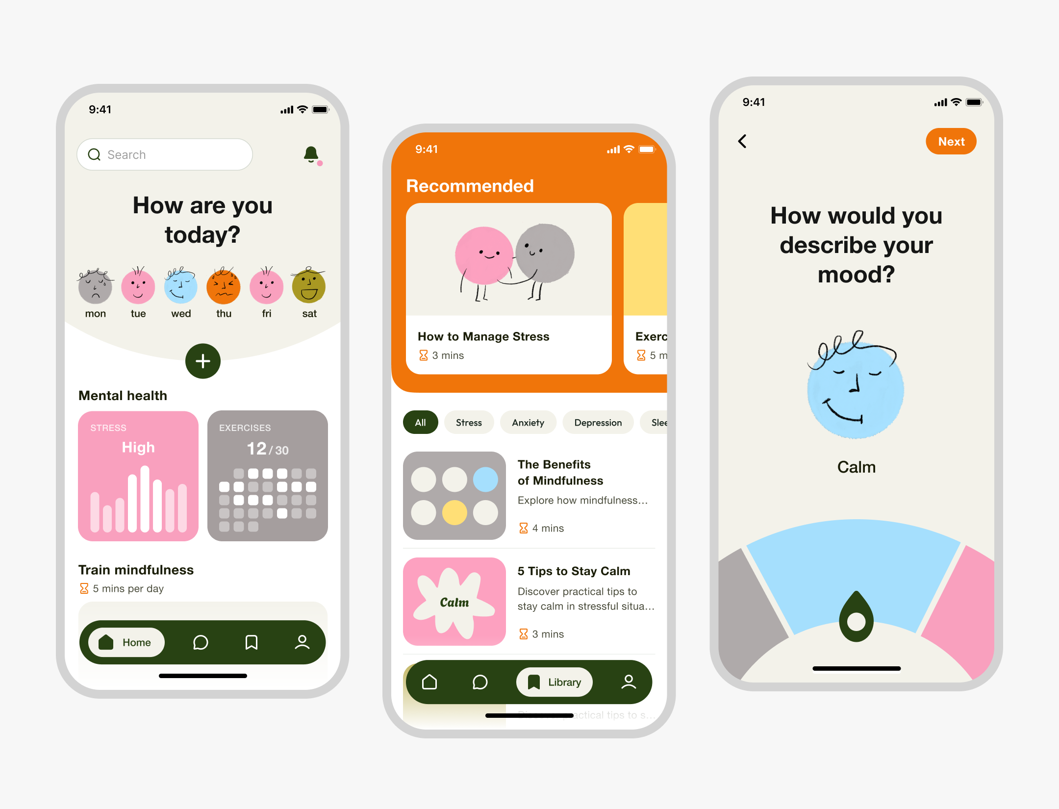 Mental Health Mobile app app blog emoji figma illustrations kids mental health mood pastel colors procreate tracker ui
