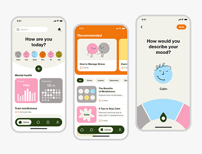 Mental Health Mobile app app blog emoji figma illustrations kids mental health mood pastel colors procreate tracker ui