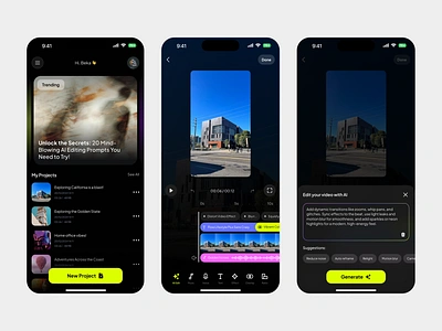 Next-Gen AI Video Editor Mobile App Design ai app development ai powered tools ai video editor app concept design clean app design content creator tools creative editing app editing software design intuitive app ux minimalist ui mobile app design mobile app uiux modern app ui motion graphics app seamless app design social media editing uxui design video creator app video editing app video editor ui
