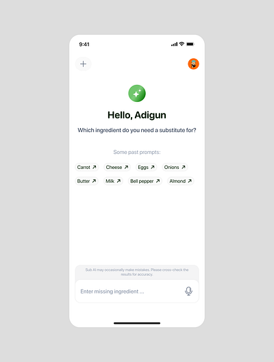 AI Chat interface - SUB AI (Mobile) ai chat interface mobile recipes substitute ui