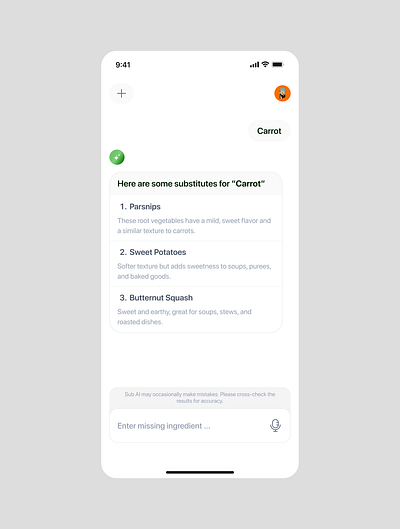 AI reply interface - SUB AI (Mobile) ai app chat mobile recipe ui