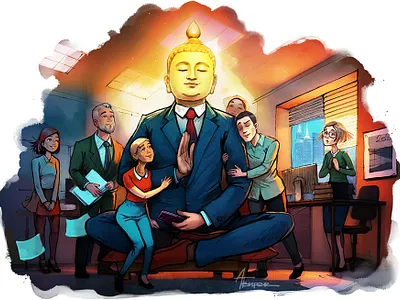 MINDFUL LEADERSHIP IN CHALLENGING TIMES buddha business concept editorial illustration magazine office people team
