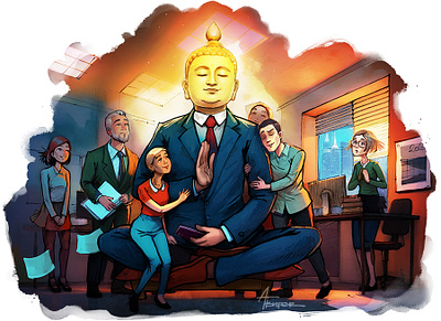 MINDFUL LEADERSHIP IN CHALLENGING TIMES buddha business concept editorial illustration magazine office people team