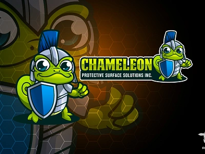 CHAMELEON- Protective Surface Solution bold and dynamic mascot branding cartoon cartoon logo chameleon mascot design design graphic design helmeted character illustration illustration illustrator logo shield and armor motif social media ready design ui vector