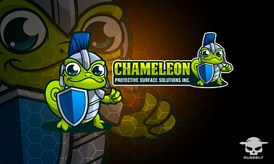 CHAMELEON- Protective Surface Solution bold and dynamic mascot branding cartoon cartoon logo chameleon mascot design design graphic design helmeted character illustration illustration illustrator logo shield and armor motif social media ready design ui vector