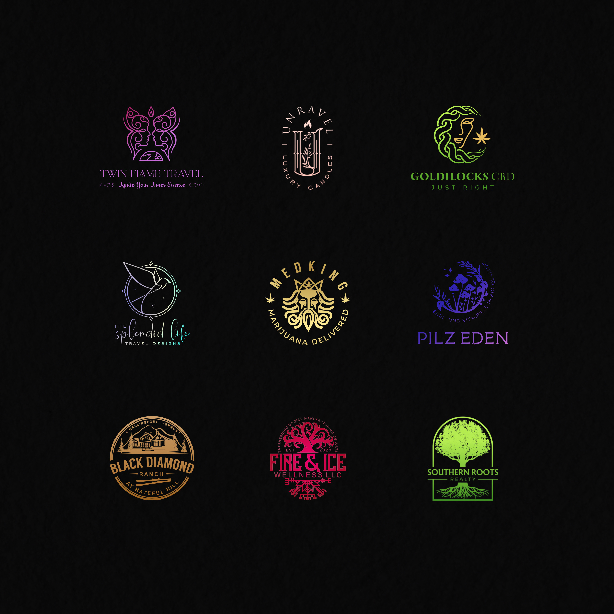 Logofolio candle cannabis cbd face fire gold golden logo logo design marijuana premium real estate travel travelling tree