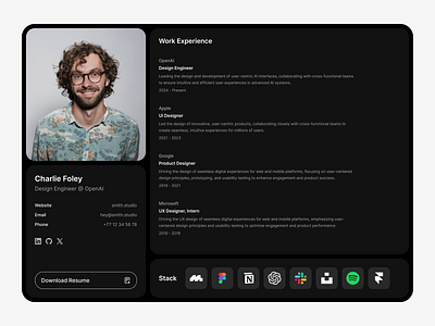 Resume about clean ui companies connect cv experience figma minimal modern resume saas social media software and services stack ui ux web web design website work experience