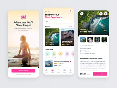 Maui Adventures (Travel App) adventure app design branding clean colorful hawaii logo mobile modern outdoors travel tropical ui ui design ux ux design website