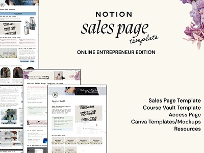 Notion Sales Page Template client welcome packet coach course creator designer entrepreneur notion project management project planning sales page sales page template template canva website template