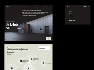 Industrial Real Estate Website Layout branding dark mode framer minimal real estate ui web design webflow