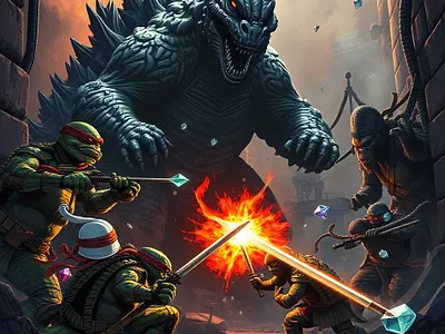 GODZILLA VS TURTLES AND MONKEY graphic design