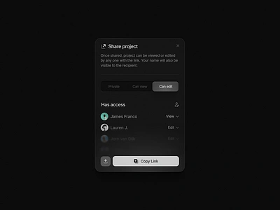 Share modal copy link dark link modal pop up share share project users ux