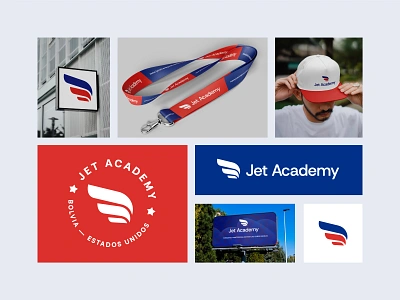 Jet Academy concept board air airplane airways billboard blue brand brand design brand identity branding cap design icon lanyard logo mockups red symbol white